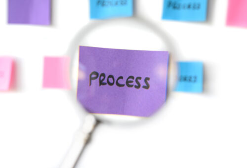 Sticky note magnified to show the word "process" representing Credit Control Best Practices